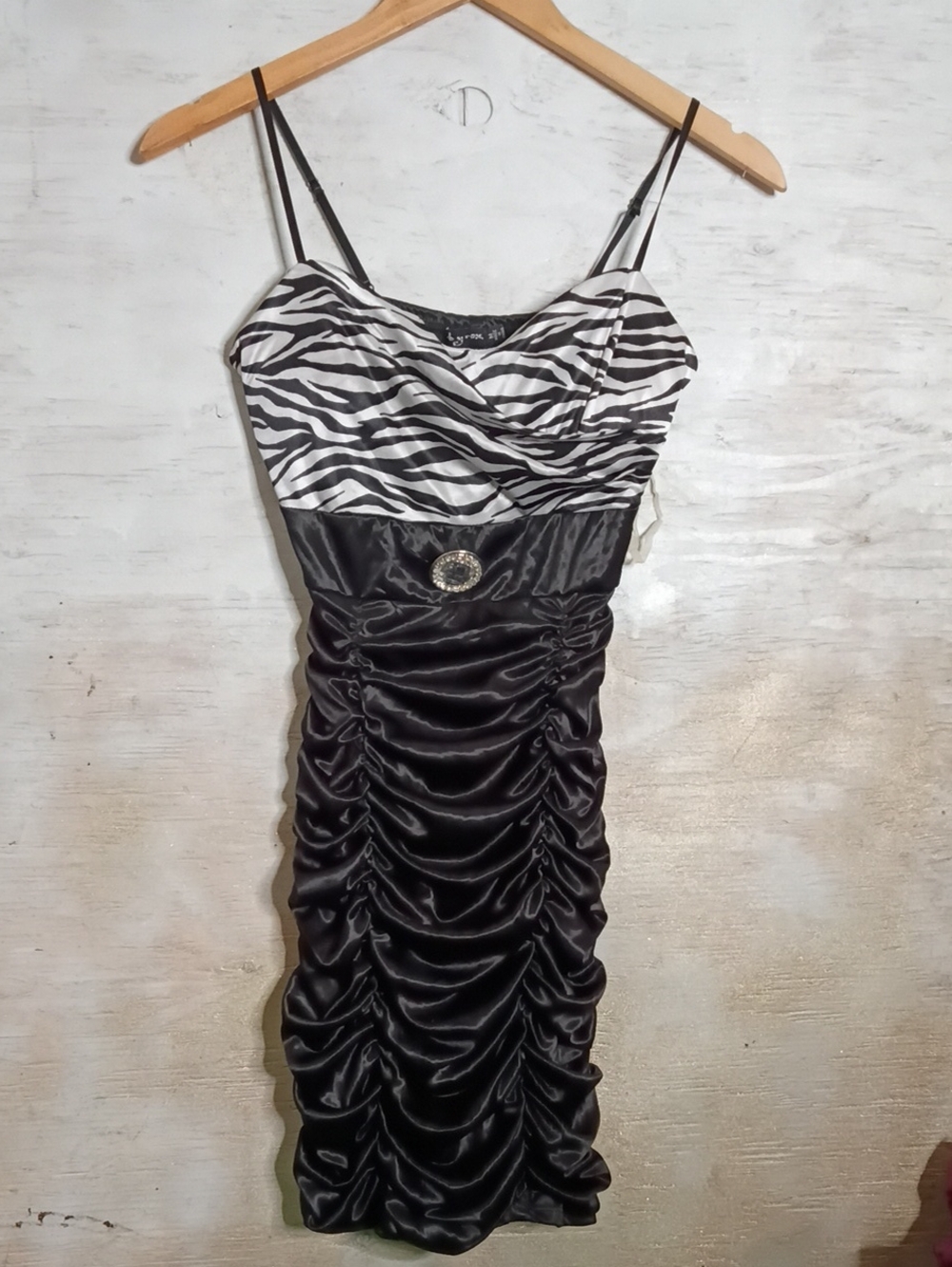Fox Black and White Zebra-Print Satin Ruched Mini Dress